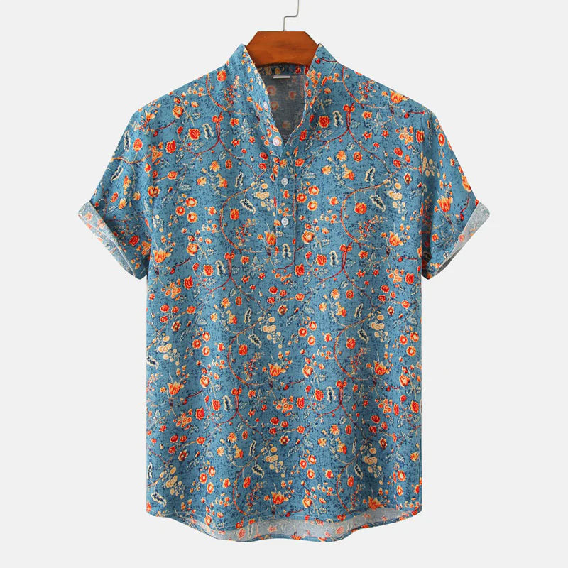 Kayden - Men's Floral Print Short Sleeve Henley Shirt