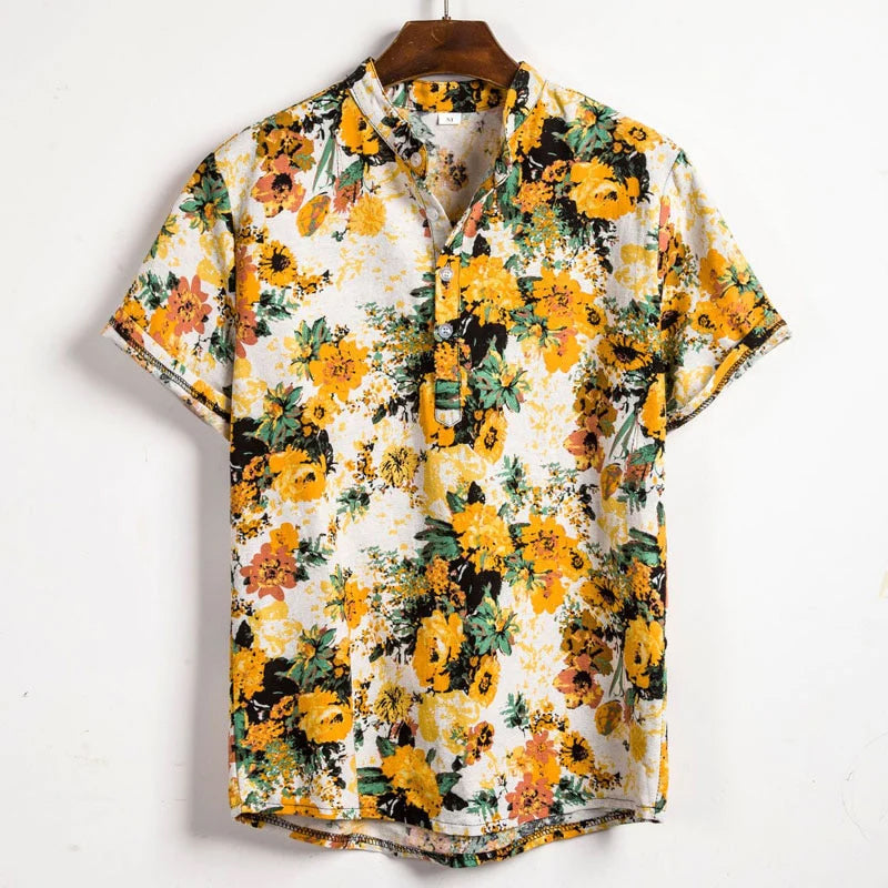 Kayden - Men's Floral Print Short Sleeve Henley Shirt