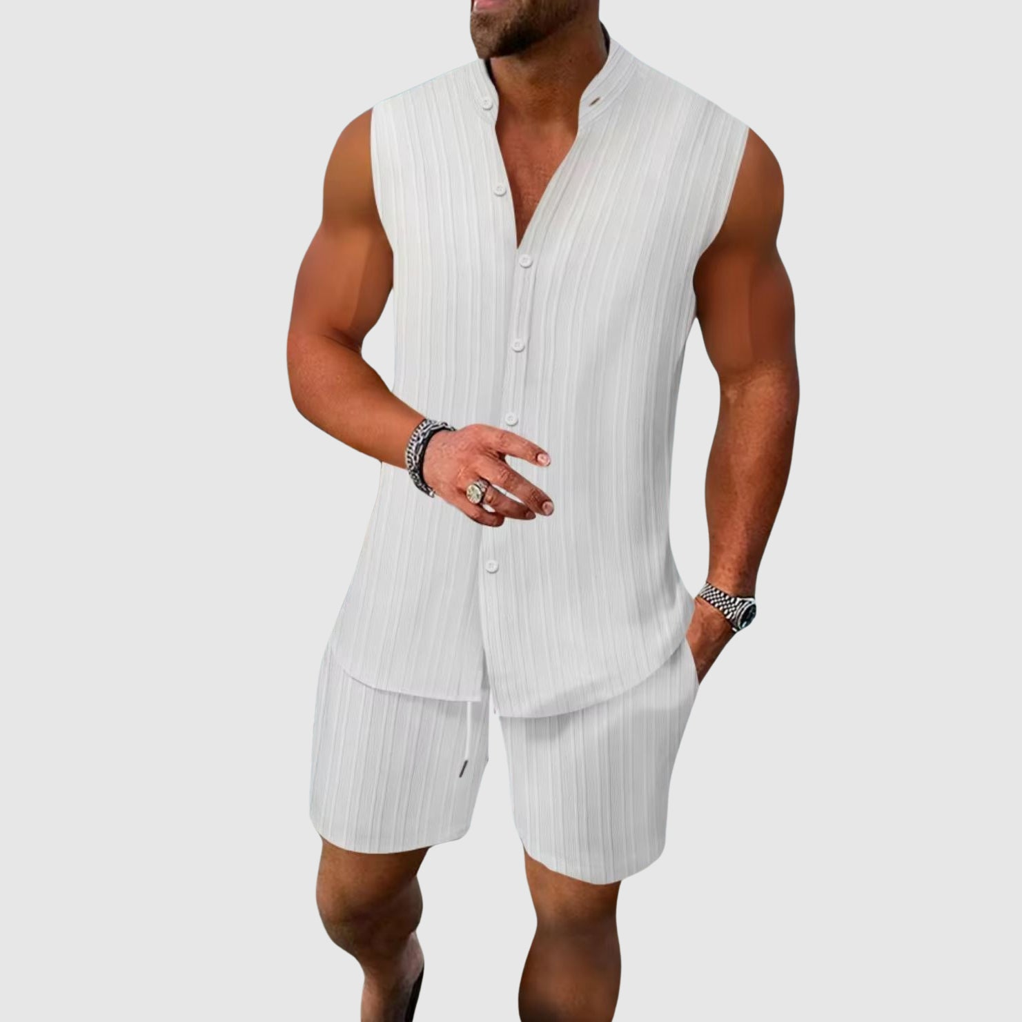 Kian - Men's Sleeveless Mandarin Collar Shirt & Shorts Set