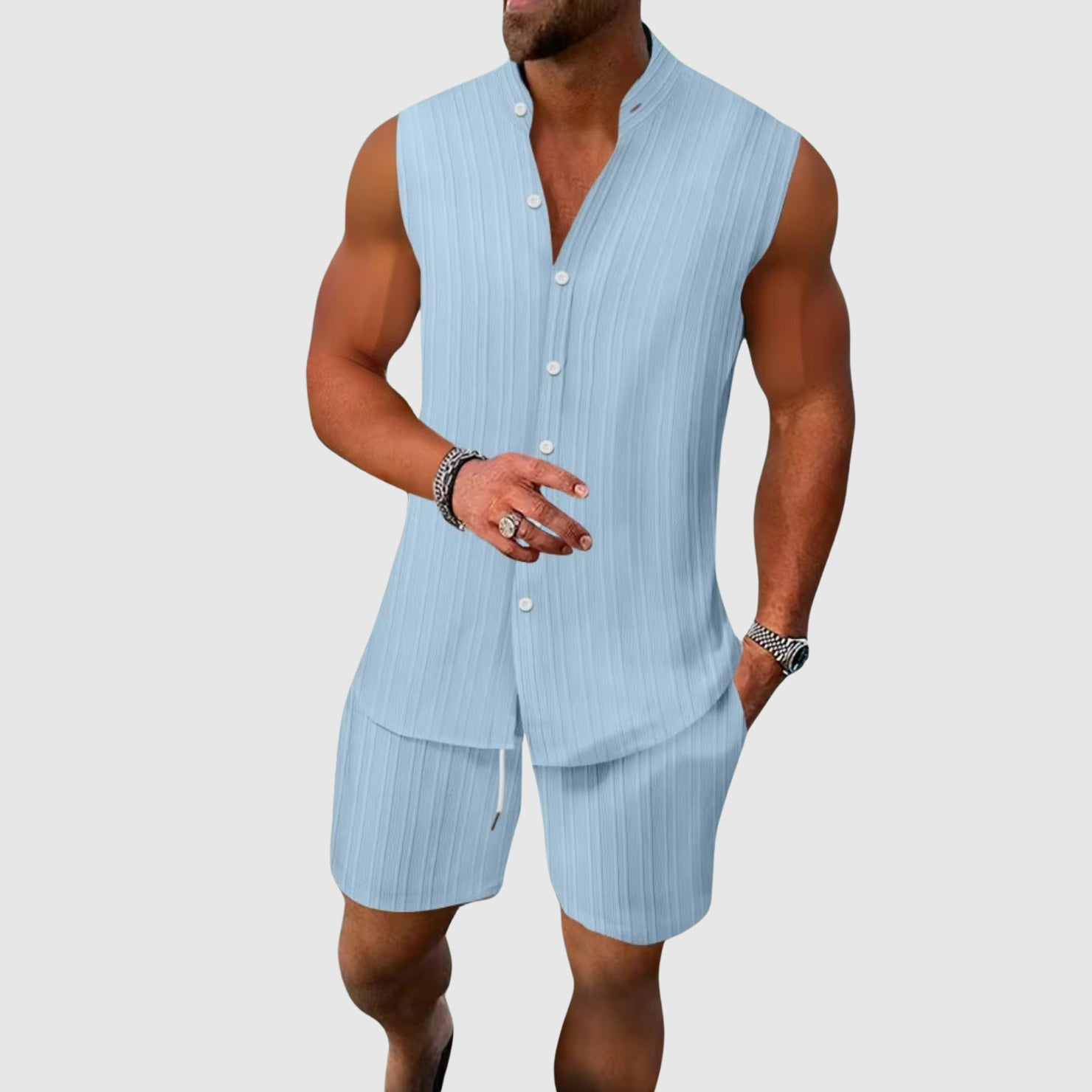 Kian - Men's Sleeveless Mandarin Collar Shirt & Shorts Set