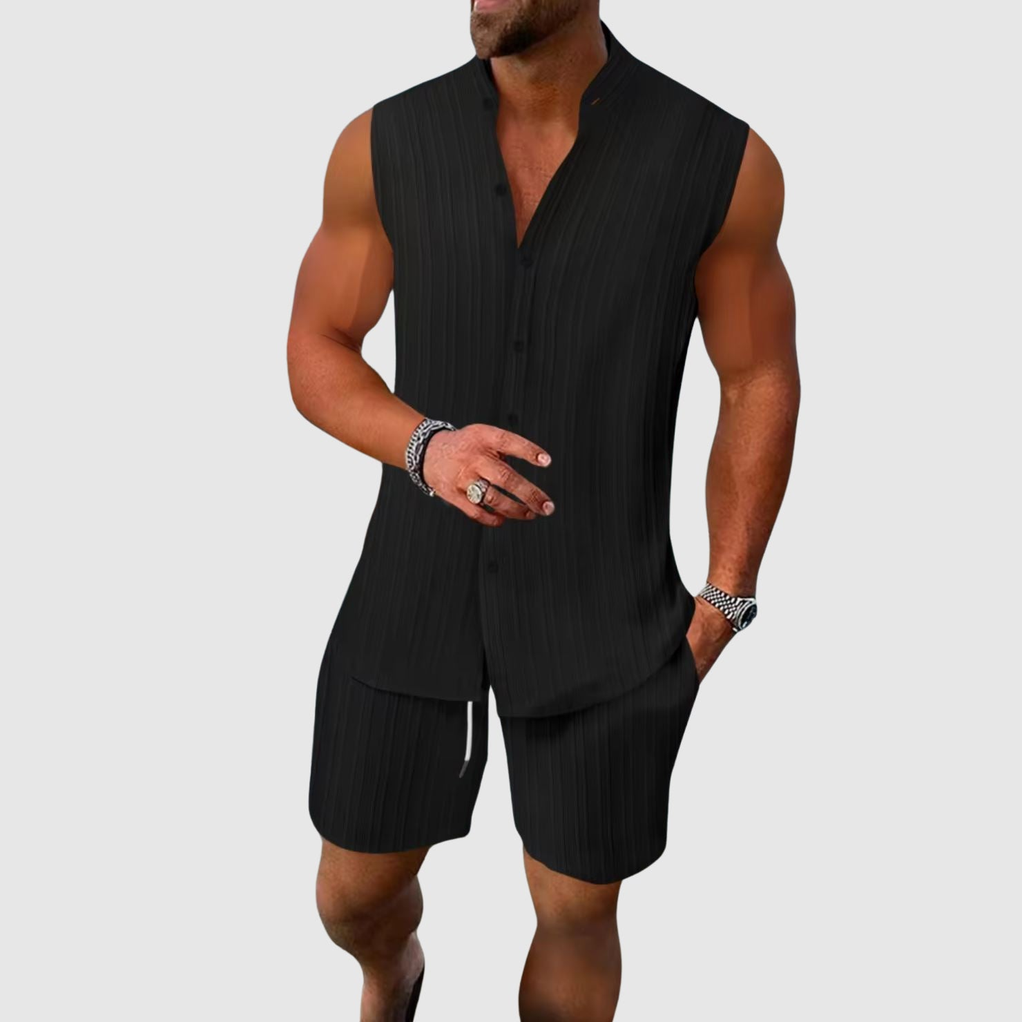 Kian - Men's Sleeveless Mandarin Collar Shirt & Shorts Set