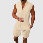 Kian - Men's Sleeveless Mandarin Collar Shirt & Shorts Set