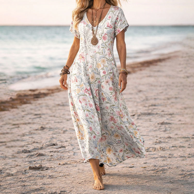 Leona - Women's Boho Floral V-Neck Maxi Dress