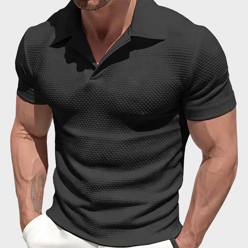 Logan - Men's Textured Knit Open V-Neck Polo Shirt