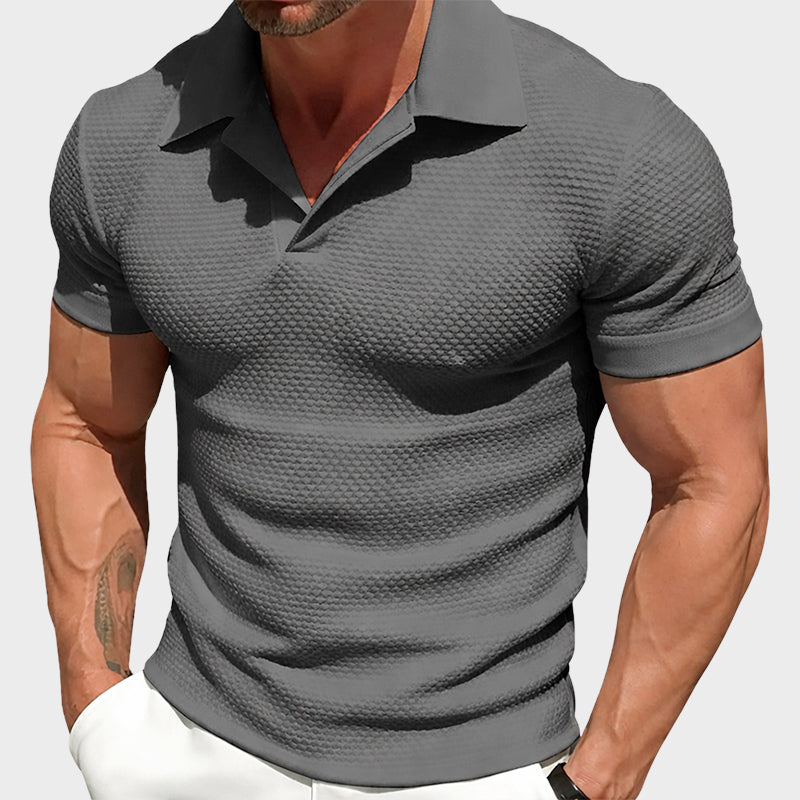 Logan - Men's Textured Knit Open V-Neck Polo Shirt
