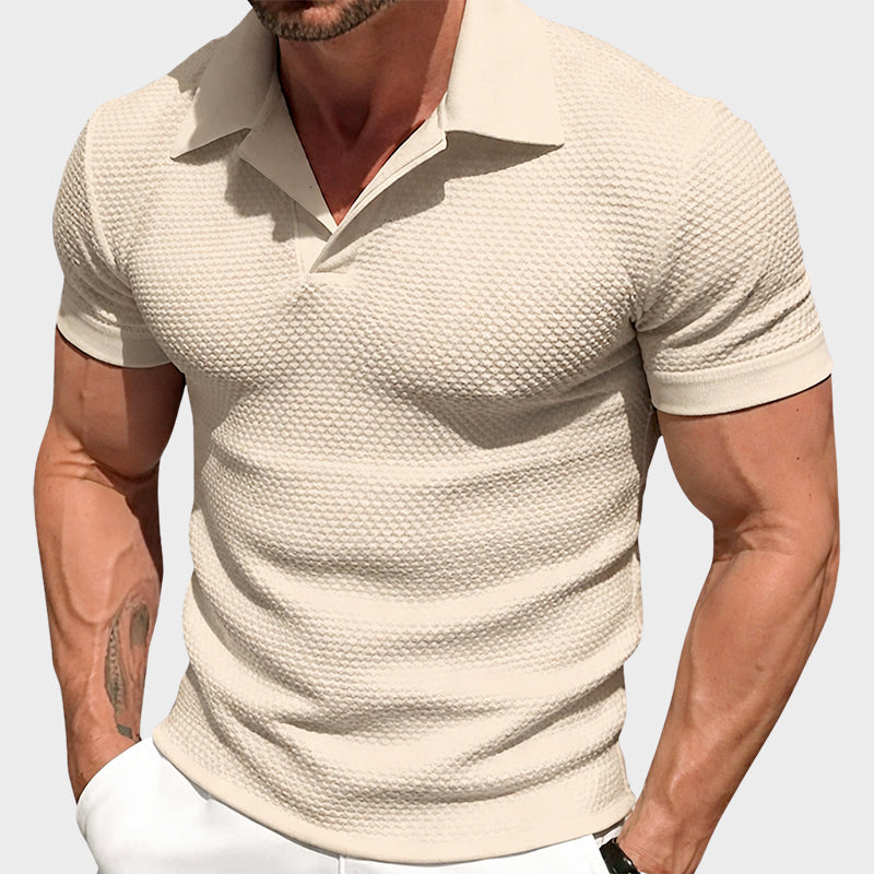 Logan - Men's Textured Knit Open V-Neck Polo Shirt