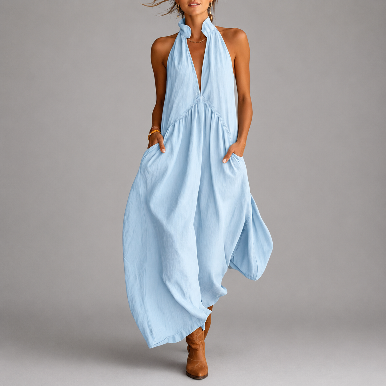 Lorelei - Women's Halter Deep V-Neck Vacation Maxi Dress