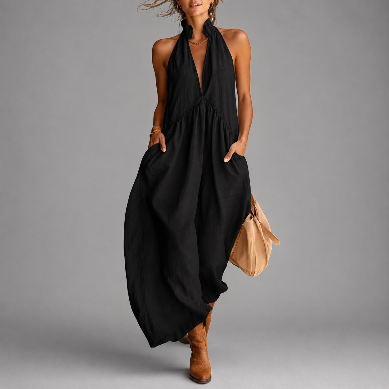 Lorelei - Women's Halter Deep V-Neck Vacation Maxi Dress