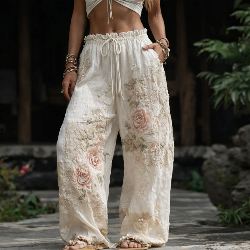 Lucy - Women's Floral Embroidered Wide-Leg Pants