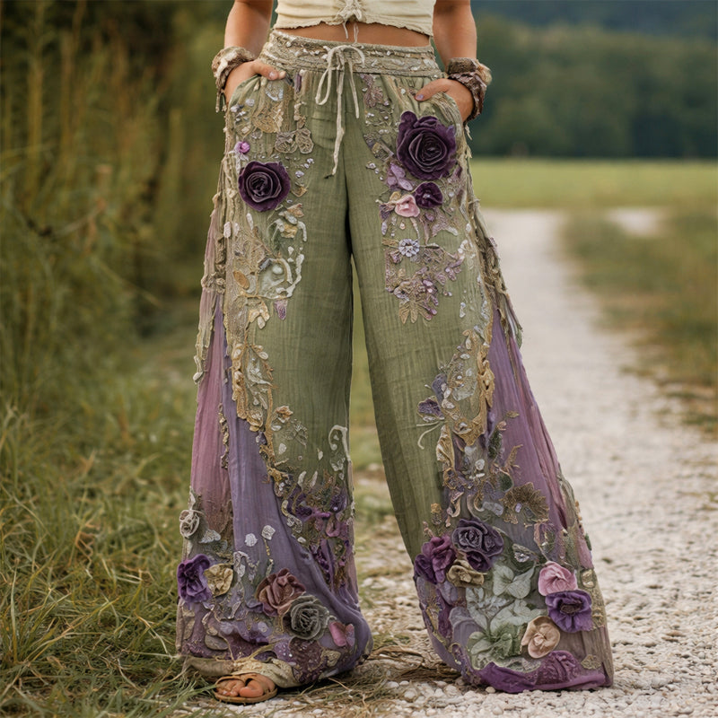 Lucy - Women's Floral Embroidered Wide-Leg Pants