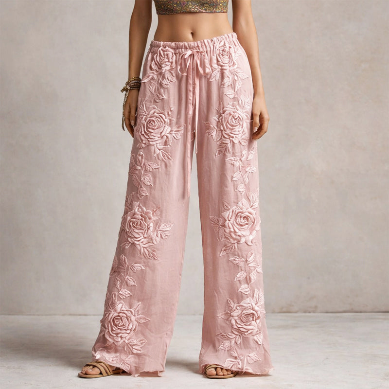 Lucy - Women's Floral Embroidered Wide-Leg Pants