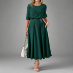 Mallory - Women's Floral Appliqué Midi Dress with Draped Bodice