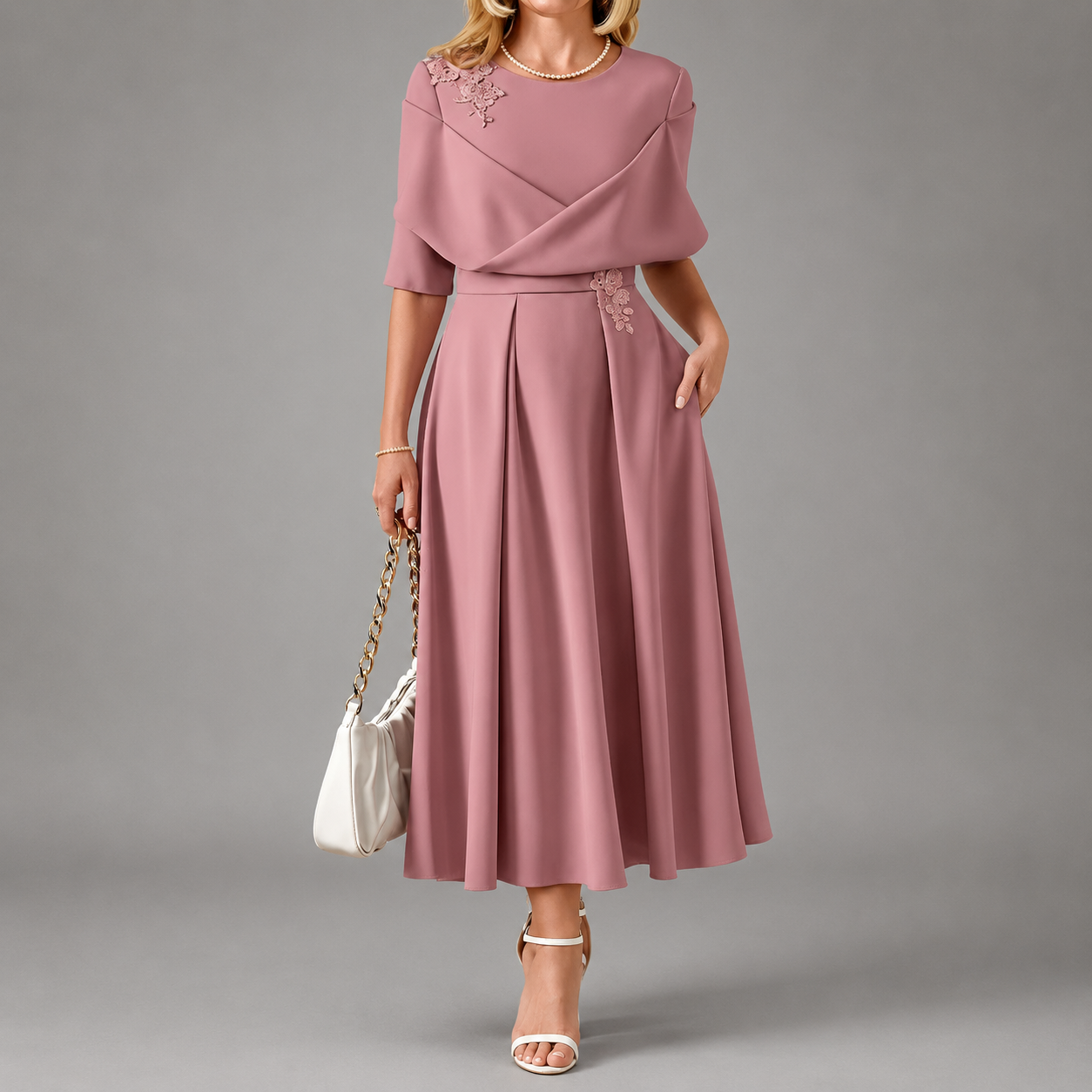 Mallory - Women's Floral Appliqué Midi Dress with Draped Bodice