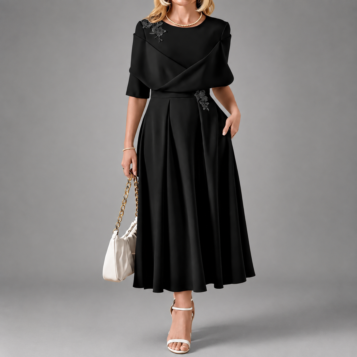 Mallory - Women's Floral Appliqué Midi Dress with Draped Bodice