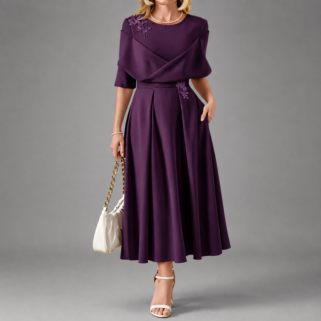 Mallory - Women's Floral Appliqué Midi Dress with Draped Bodice
