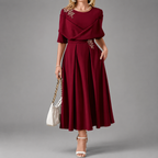 Mallory - Women's Floral Appliqué Midi Dress with Draped Bodice