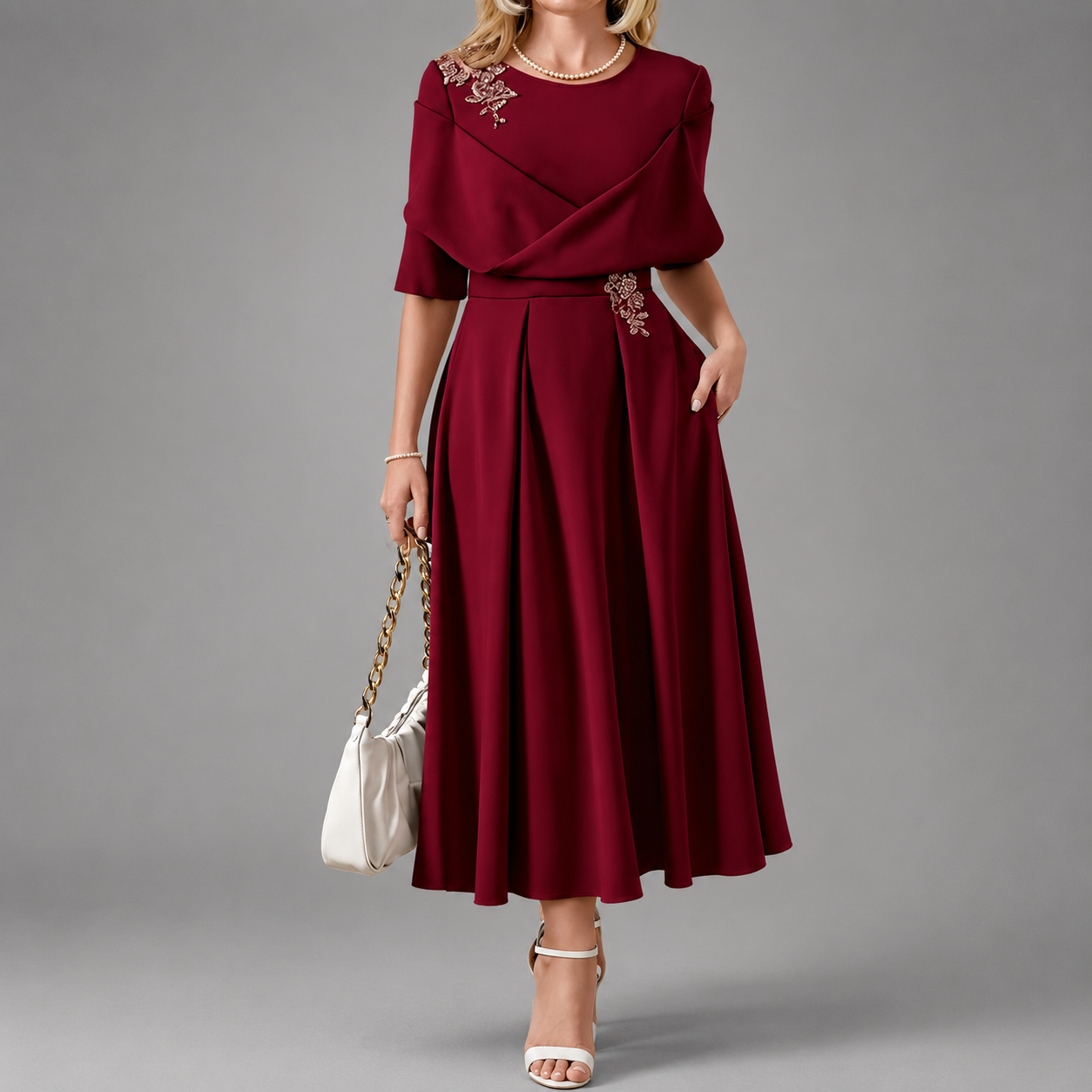 Mallory - Women's Floral Appliqué Midi Dress with Draped Bodice