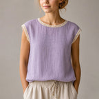 Reign - Women's Crochet Trim Textured Cap Sleeve Blouse