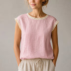 Reign - Women's Crochet Trim Textured Cap Sleeve Blouse