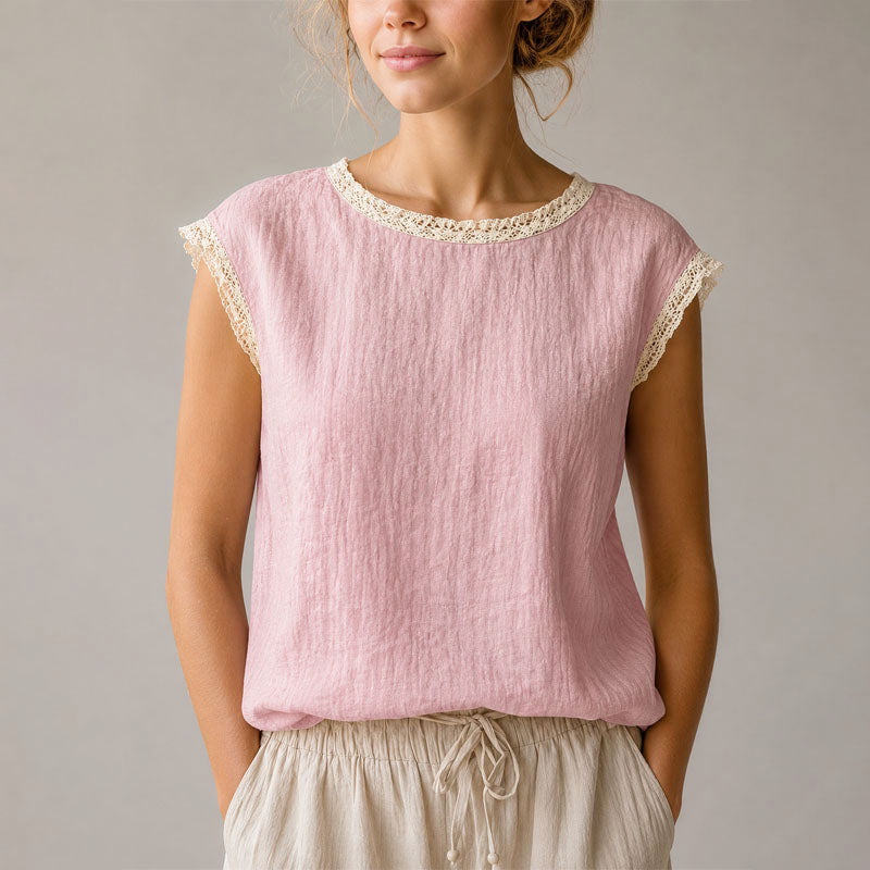 Reign - Women's Crochet Trim Textured Cap Sleeve Blouse