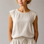 Reign - Women's Crochet Trim Textured Cap Sleeve Blouse