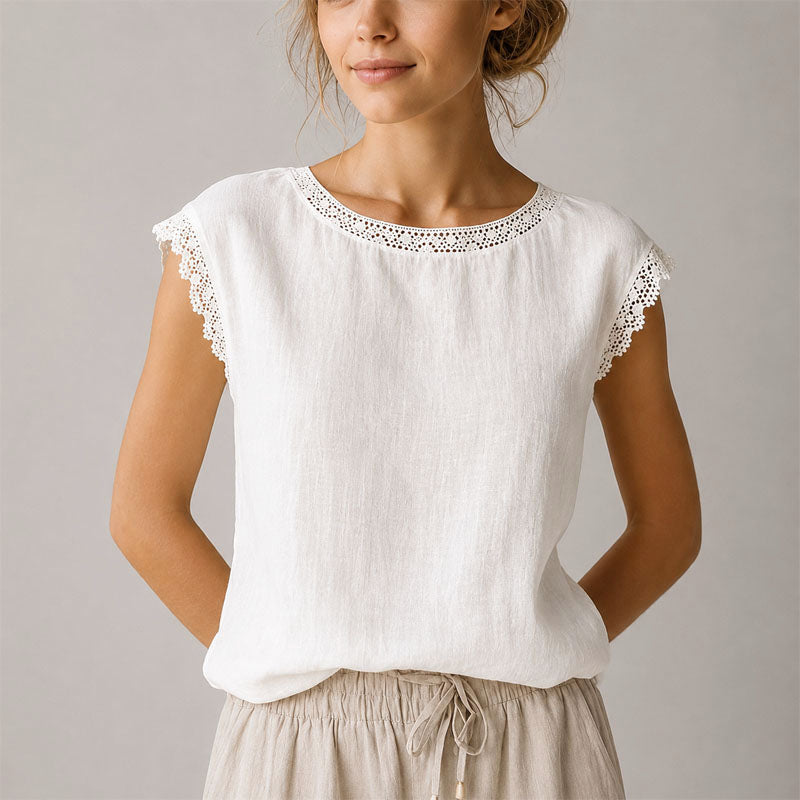 Reign - Women's Crochet Trim Textured Cap Sleeve Blouse