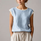 Reign - Women's Crochet Trim Textured Cap Sleeve Blouse