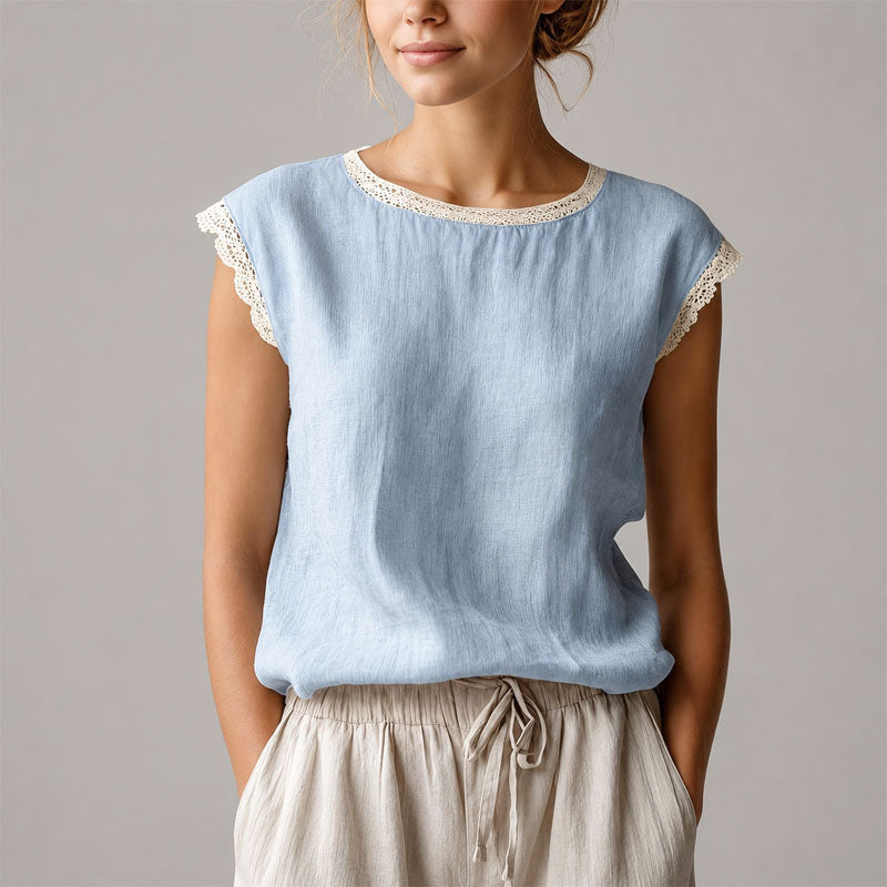 Reign - Women's Crochet Trim Textured Cap Sleeve Blouse