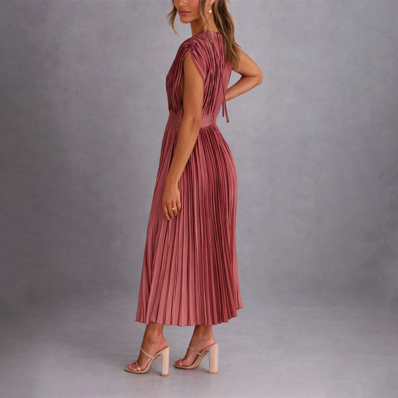 Ryleigh - Women's Deep V-Neck Pleated Midi Dress