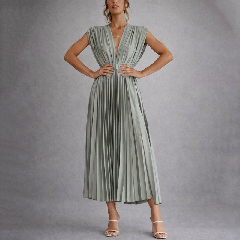 Ryleigh - Women's Deep V-Neck Pleated Midi Dress