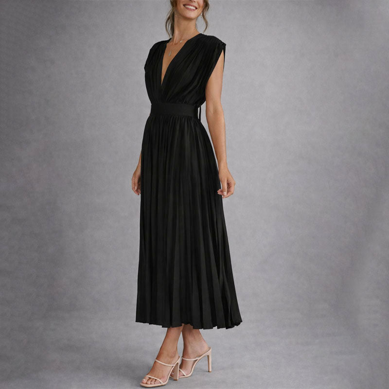 Ryleigh - Women's Deep V-Neck Pleated Midi Dress
