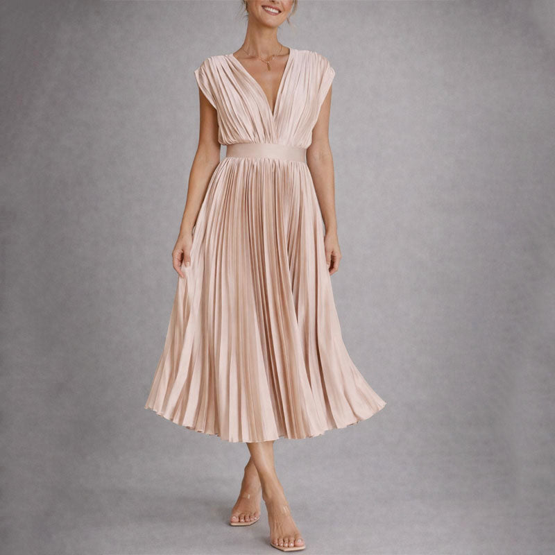 Ryleigh - Women's Deep V-Neck Pleated Midi Dress