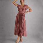 Ryleigh - Women's Deep V-Neck Pleated Midi Dress