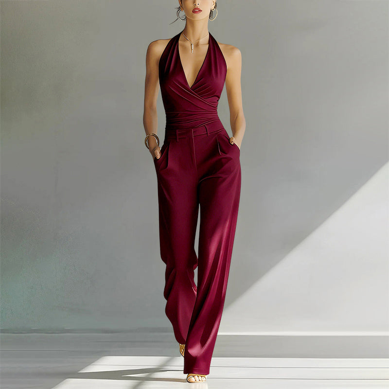Samantha - Women's Halter Wrap Wide-Leg Jumpsuit