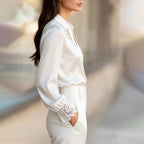 Shane - Women's V-Neck Satin Blouse with Lace Details