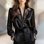 Shane - Women's V-Neck Satin Blouse with Lace Details