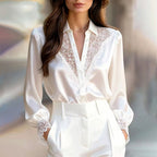 Shane - Women's V-Neck Satin Blouse with Lace Details