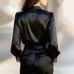 Shane - Women's V-Neck Satin Blouse with Lace Details
