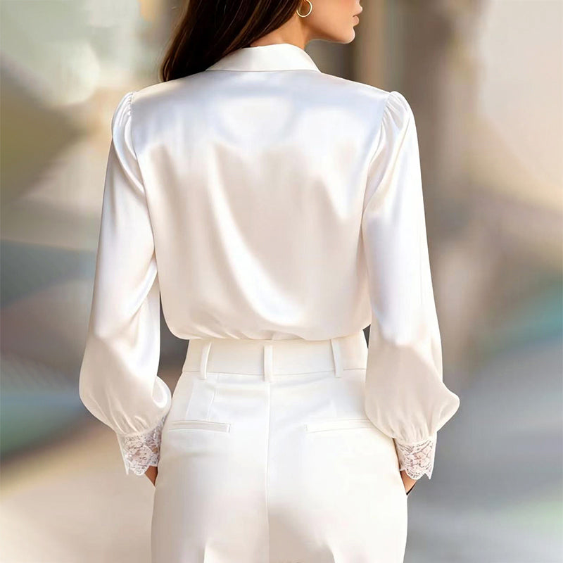 Shane - Women's V-Neck Satin Blouse with Lace Details