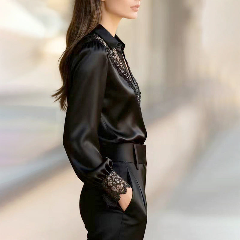 Shane - Women's V-Neck Satin Blouse with Lace Details