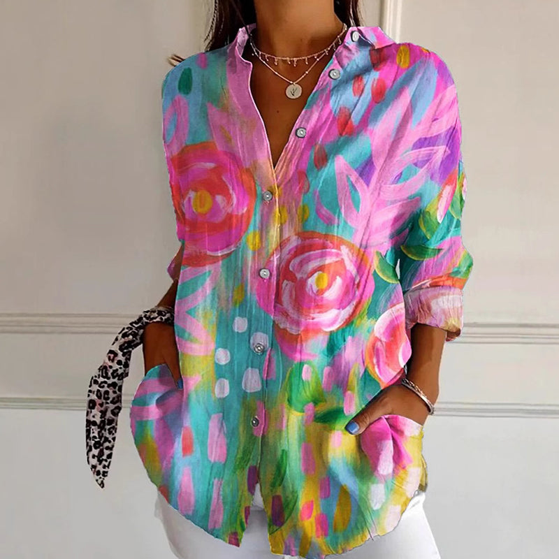 Valentina - Women's Floral Print V-Neck Short Sleeve Blouse 1