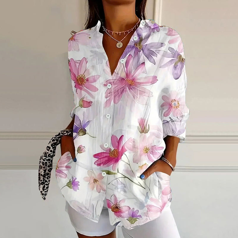 Valentina - Women's Floral Print V-Neck Short Sleeve Blouse 5