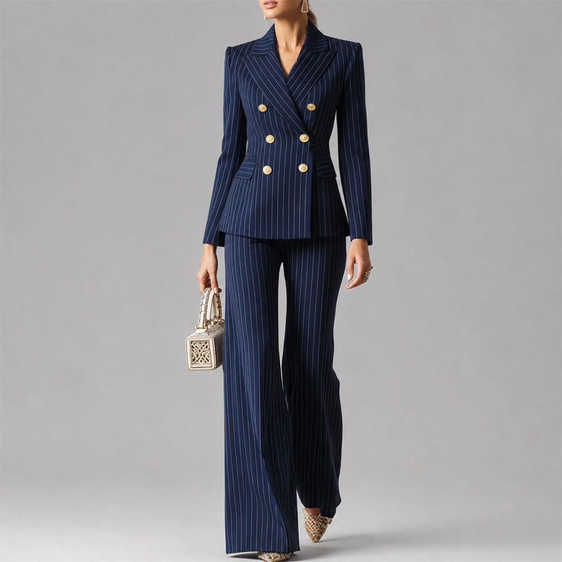 Vera - Women's Pinstripe Double-Breasted Pantsuit Set