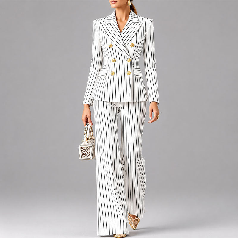 Vera - Women's Pinstripe Double-Breasted Pantsuit Set