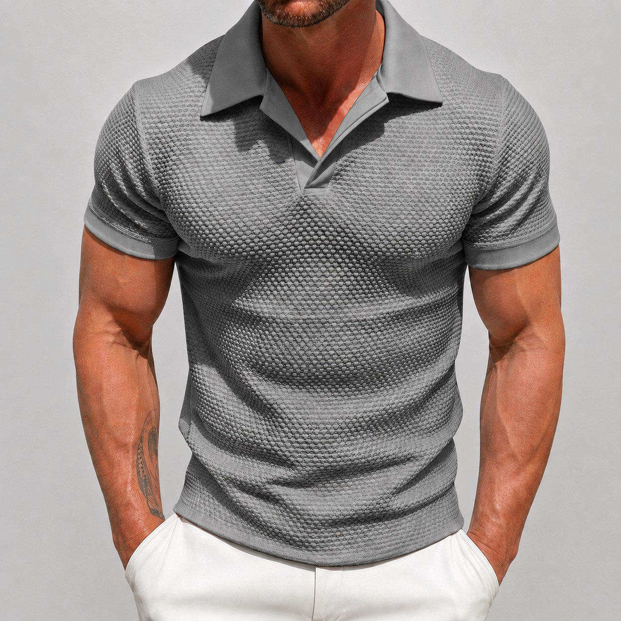Wayne - Men's Knit Textured Short Sleeve Polo Shirt