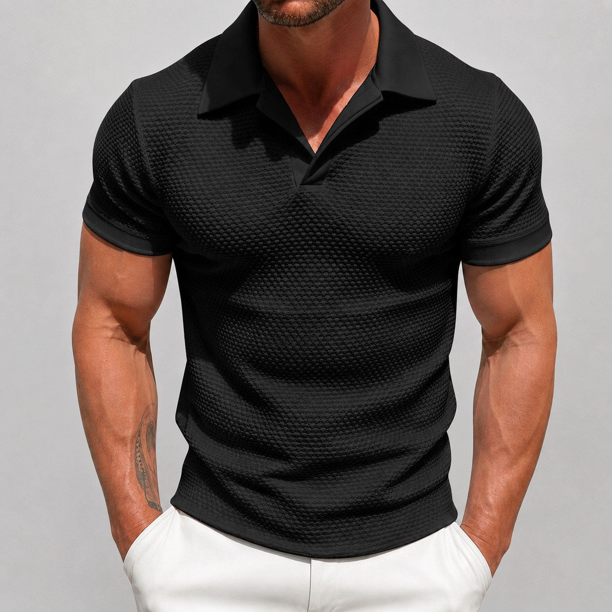 Wayne - Men's Knit Textured Short Sleeve Polo Shirt