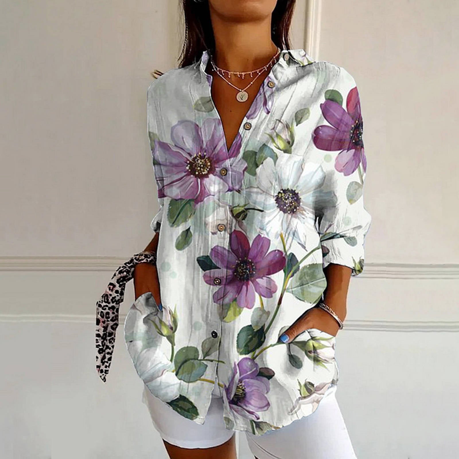 Zandra - Women's Floral Leaf Button-Up Blouse