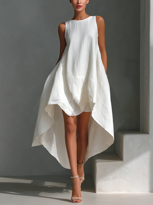 Aleena - Women's Sleeveless Asymmetric Handkerchief-Hem Linen Dress