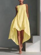 Aleena - Women's Sleeveless Asymmetric Handkerchief-Hem Linen Dress
