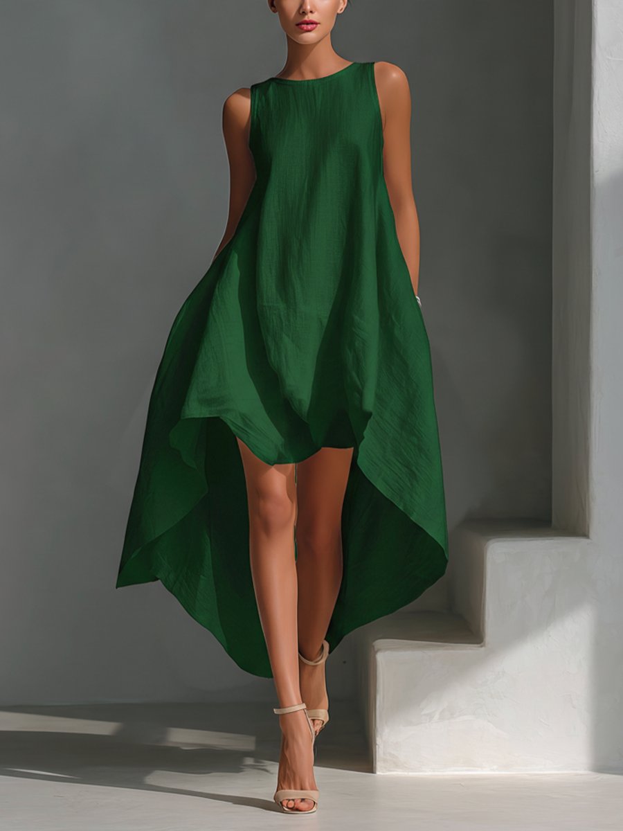 Aleena - Women's Sleeveless Asymmetric Handkerchief-Hem Linen Dress